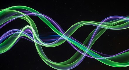 Abstract light trails in green and purple against a dark backdrop