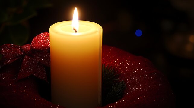 Warm candlelight softly illuminating traditional Christmas wreath and rich red textured background