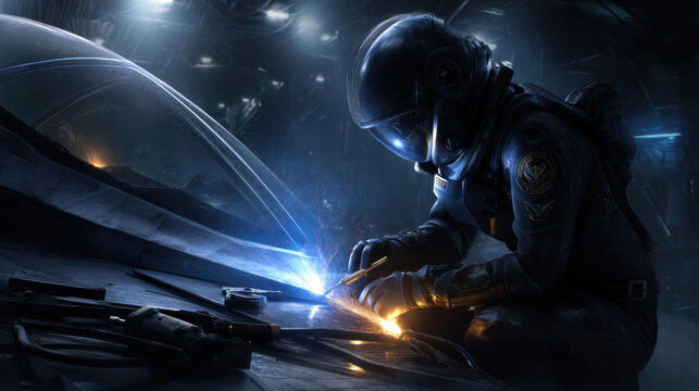 Spacesuited astronaut repairing futuristic spacecraft hull with glowing welding tool, sparks and blue light illuminating dark hangar, focused technician performing delicate maintenance