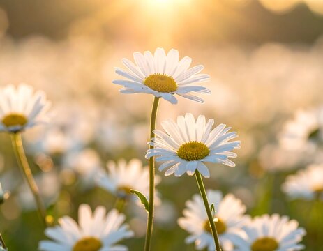Daisies in a field, bathed in the golden light of sunset
