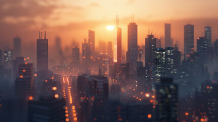 Fototapeta premium Futuristic city skyline at sunset with glowing lights, skyscrapers, and vibrant atmosphere