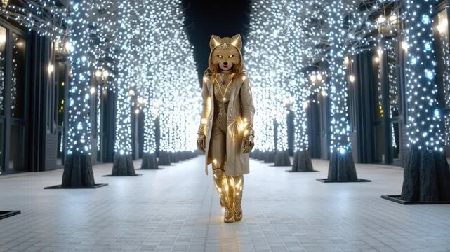 Futuristic humanoid wolf character in illuminated pathway surrounded by glowing trees during nighttime ambience