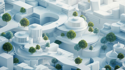 Aerial view of futuristic urban landscape featuring abstract buildings, greenery, and smooth pathways, creating serene and innovative environment