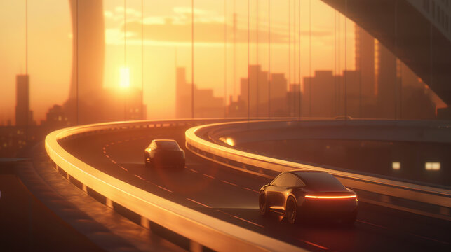 Futuristic vehicles drive on sleek highway at sunset, showcasing modern architecture and vibrant city skyline in background