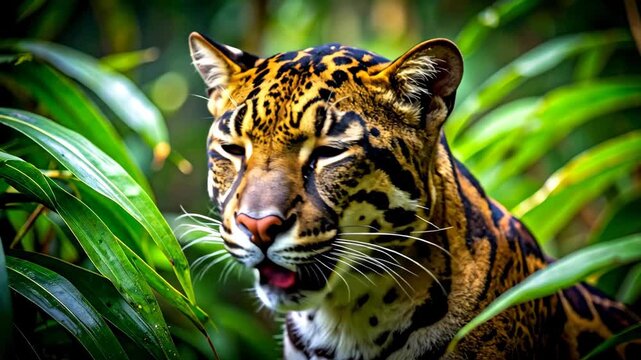 Close Up Of A Clouded Leopard In Lush Green Jungle Environment.