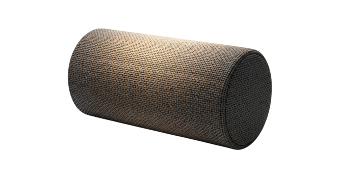 Modern cylindrical portable bluetooth speaker with a textured black fabric grill and a brown leather strap isolated on transparent background