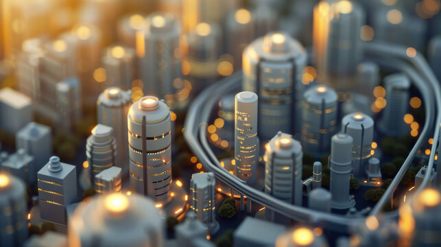 Aerial view of futuristic cityscape with illuminated buildings and winding roads, showcasing modern architecture and vibrant urban life