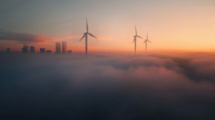 Obraz premium Wind turbines rise above foggy city skyline sunset, creating serene and innovative atmosphere. scene captures blend of nature and urban