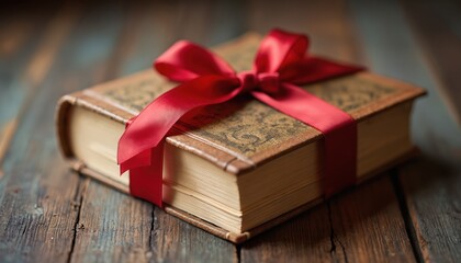 Brown book with red ribbon on wooden table. Book wrapped in red bow. International Book Giving Day symbol. Elegant book decoration. Festive book gift. Red ribbon book. Book on wood.