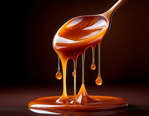 Caramel Dripping from Spoon &ndash; Glossy Sweet Syrup Close-Up
