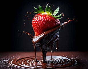 Strawberry Being Dipped into Melted Chocolate &ndash; Macro Food Shot