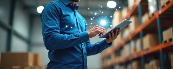 Man uses tablet device in warehouse. Network lines connect digitally over shelves with product boxes. Person manages inventory with modern tech and data.