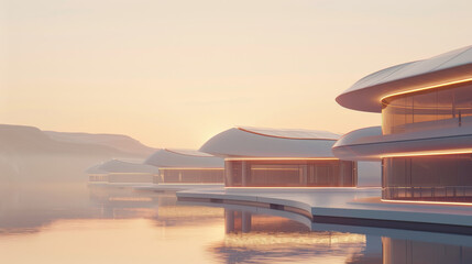 Futuristic seaport features sleek electric ship docks with solar panels, reflecting serene waters at sunrise, creating tranquil atmosphere