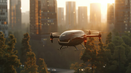 Autonomous flying taxi soaring above modern eco city at sunset, showcasing innovation and technology in urban transportation