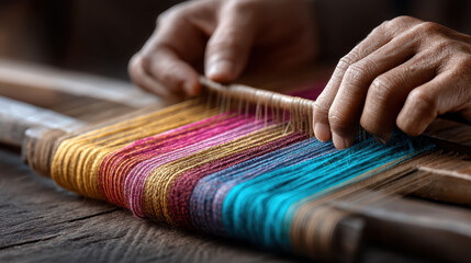 Artisan weaving silk on traditional loom with colorful thread in close up, hands guiding vibrant turquoise, magenta and gold yarn creating textured pattern and tactile craftwork