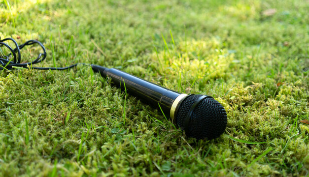 A black vocal microphone is lying on the grass.Outdoor performance.An open microphone.
