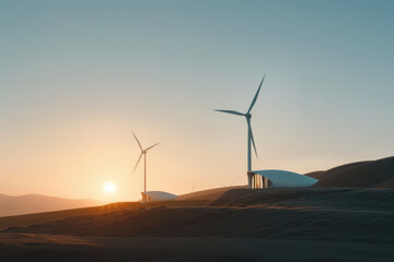 Obraz premium Serene landscape featuring wind turbines sunset, showcasing renewable energy desert setting. scene evokes sense of tranquility and innovation