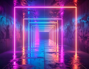 Colorful neon light frames leading into a dark tunnel, reflecting on the wet, textured floor