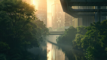 Futuristic cityscape with tidal canal network surrounded by lush greenery, reflecting morning light on water, creating serene atmosphere