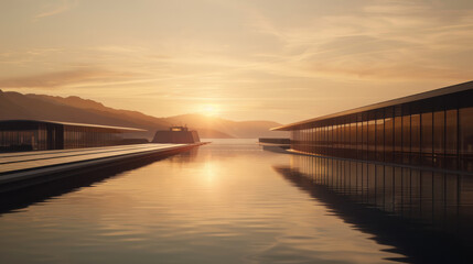 Futuristic seaport with electric ships, solar docks, and serene sunset reflecting on calm waters creates tranquil atmosphere