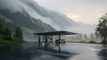 Eco charging station in mountain area with solar canopy, surrounded by misty hills and greenery, creating serene atmosphere
