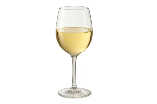 Clear wine glass filled with light golden white wine against transparent background