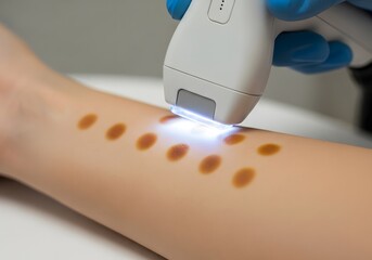 Excimer laser treating a vitiligo patch on a hand with UV light. Advanced dermatology treatment for skin repigmentation and autoimmune skin condition.