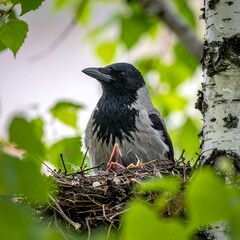 A dark bird perches in a nest amongst leafy branches. Its chicks peek out. Light illuminates the bird and bark