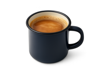 Dark blue enamel mug filled with hot coffee, foamy crema