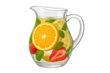 Clear glass pitcher with slices of orange, lemon, strawberries and mint in water