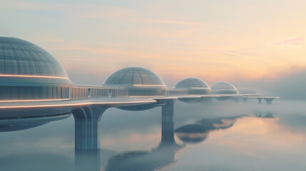 Obraz premium Futuristic floating eco city above ocean features transparent bridges and domed structures, creating serene and innovative atmosphere