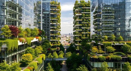 Sustainable cityscape featuring eco-friendly residential blocks integrated with abundant greenery