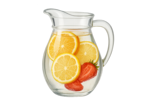 Clear glass pitcher with water, lemon slices, and strawberry pieces floating inside