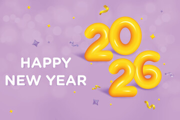 New Year 2026 Fluid Effect Text On Purple Color Bokeh Background. New Year's Eve Clearance Sale Offer Theme Vector Illustration For Greeting, Invite Card, Website, Banner, Poster, Flyer, Etc.