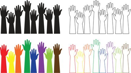 Raised hands flat, line icons set, showing diverse human arm silhouettes black, colorful vectors illustration for volunteer support, unity, voting, teamwork, participation, charity, community concept.