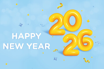 New Year 2026 Fluid Effect Text On Blue Color Bokeh Background. New Year's Eve Clearance Sale Offer Theme Vector Illustration For Greeting, Invite Card, Website, Banner, Poster, Flyer, Etc.