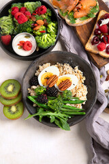 Breakfast superfoods, vegetarian food concept. Healthy lifestyle.