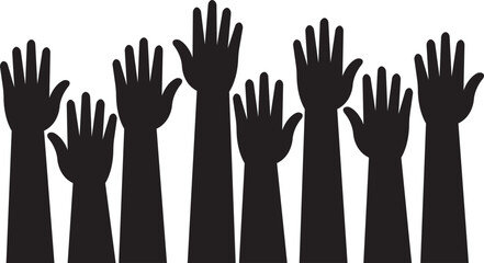 Raised hands icon in trendy flat style, showing diverse human arm silhouette black vector illustration for volunteer support, unity, voting, teamwork, participation, charity and community concept.