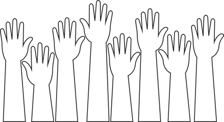 Raised hands icon in trendy line style, showing diverse human arm silhouette black vector illustration for volunteer support, unity, voting, teamwork, participation, charity and community concept.