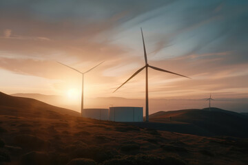 Obraz premium Wind turbines stand tall against stunning sunset, casting long shadows over rolling hills. serene landscape evokes sense of tranquility