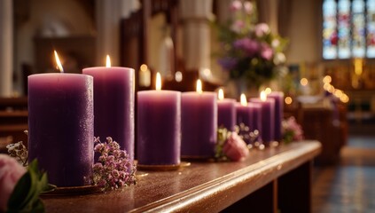 Purple candles on an Ash Wednesday altar, no people, tranquil and holy ambiance, soft glow from the candles illuminating the church's ancient architecture