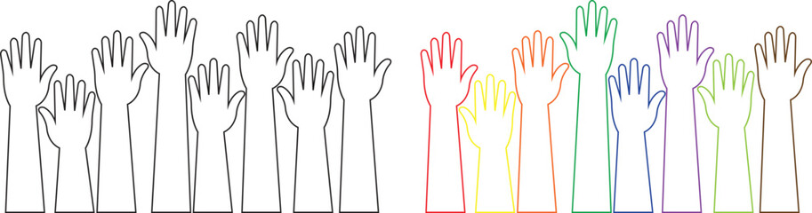 Raised hands line icons set, showing diverse human arm silhouette black and colorful vectors illustration for volunteer support, unity, voting, teamwork, participation, charity and community concept.