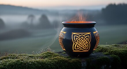 Illuminated celtic vessel aglow against a serene, misty backdrop