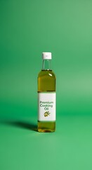 A clear glass bottle filled with golden cooking oil standing upright on a green background with a white cap and a label that reads 'Premium Cooking Oil'