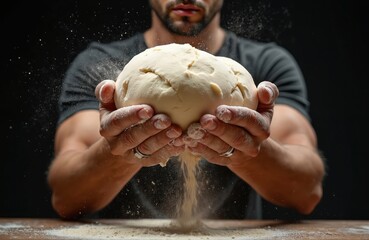 Man baker holds large ball of fresh raw dough with flour sprinkling down. Chef prepares homemade bread pizza on wooden table. Cooking process in dark rustic kitchen. Concept of traditional food