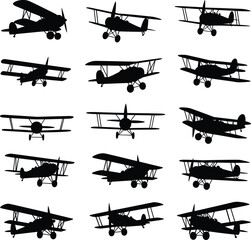 Set of vintage biplane silhouettes in multiple angles showcasing classic double-wing aircraft designs for aviation history, transport, and vector illustration. © Hasem Creative