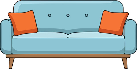 Stylized blue couch with orange pillows on black