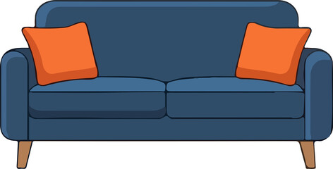 Stylized blue couch with two orange pillows on it.