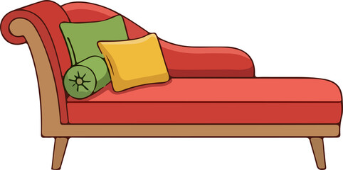 Stylized red chaise lounge with colorful pillows