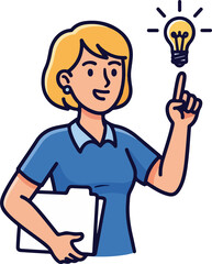 Cartoon woman with an idea holds document folder.